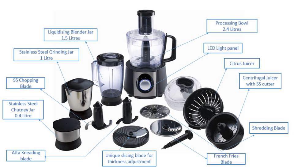 Diagram of mixer grinder parts and their functions.