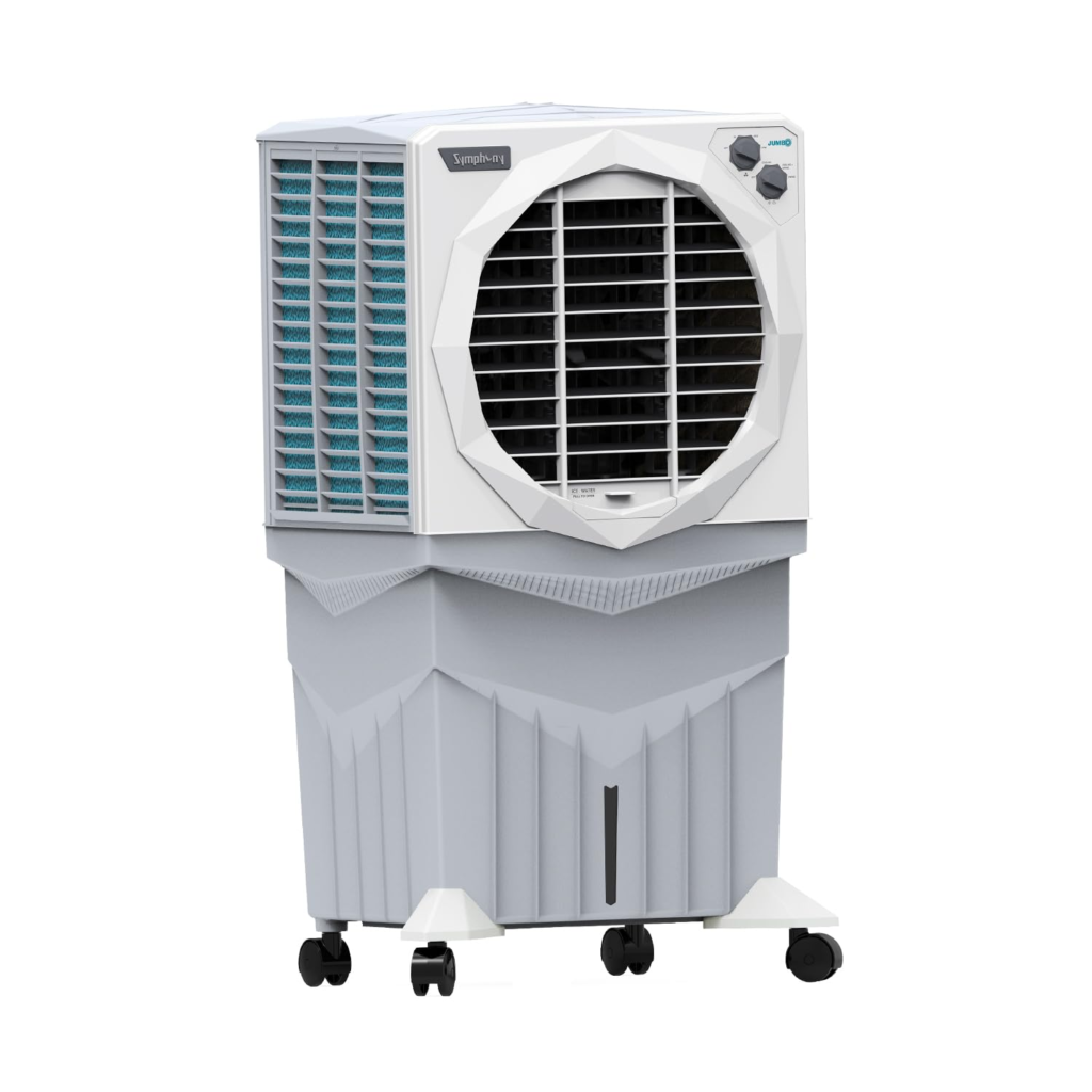 Portable air cooler with wheels.