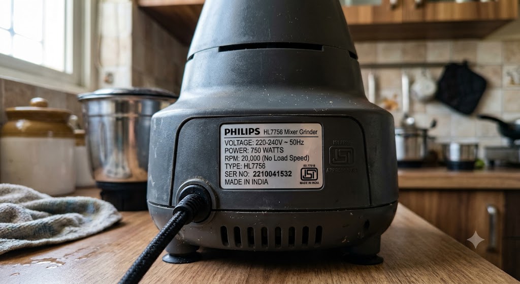 Mixer grinder motor wattage RPM label.