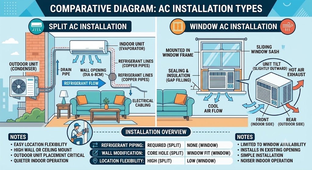 Compare split AC and window AC installation