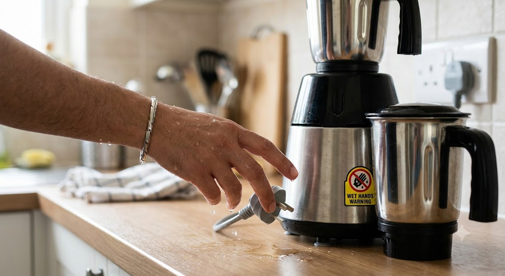 Unsafe practice of operating a mixer grinder with wet hands near the power switch
