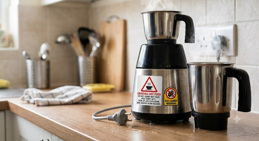 Hot food being poured into a mixer grinder jar with a safety warning
