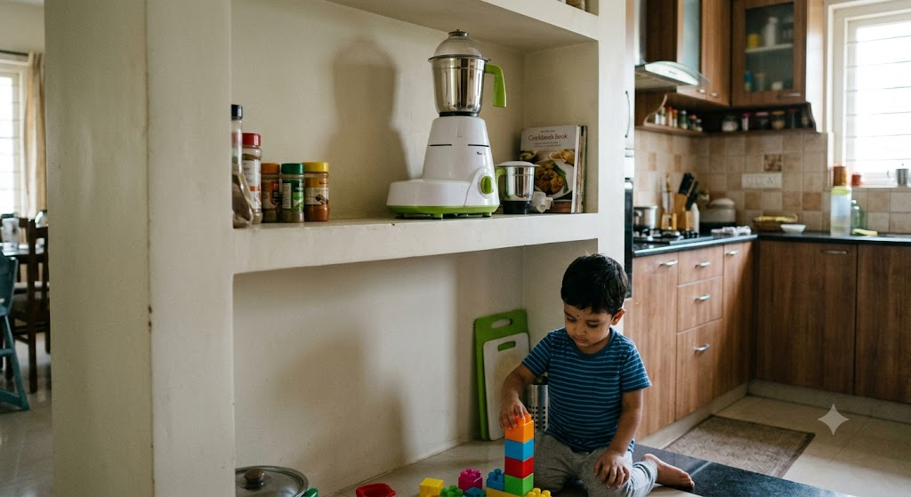 Mixer grinder stored safely away from children on a kitchen counter