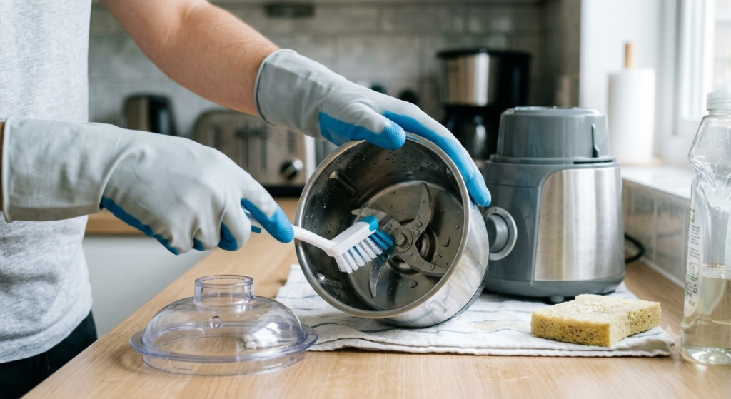 safest cleaning method and discourages touching sharp blades.